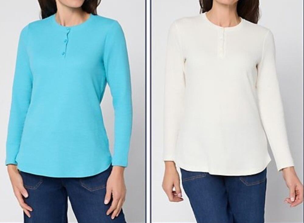 Denim & Co 2-Pack Henleys Waffle Knit Size L Ocean Blue & Cream A677464 NWOT